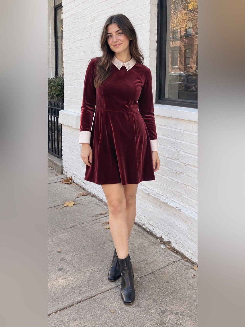 Ted Baker Burgundy Velvet Cheryll Dress with White Rhinestone Collar & Cuffs